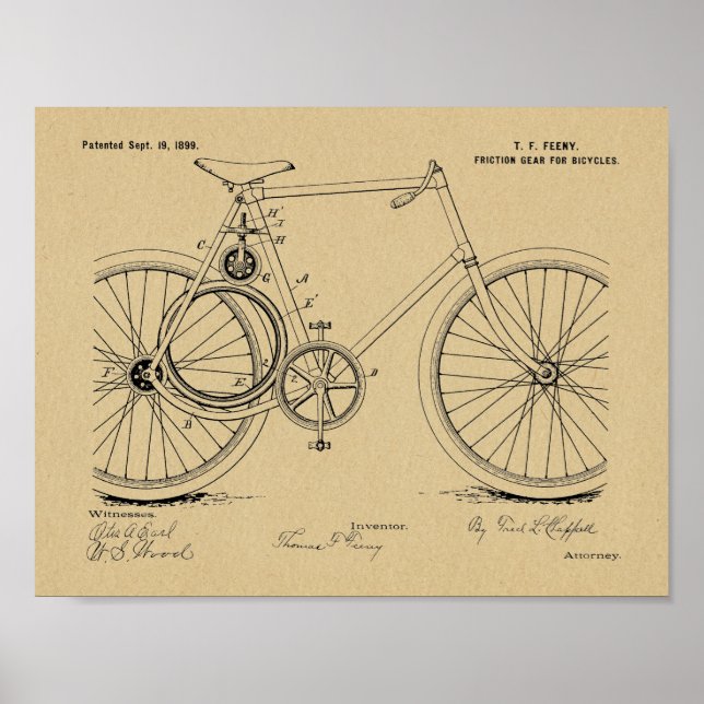 Impresión de dibujo de la patente de arte de bicis (Frente)
