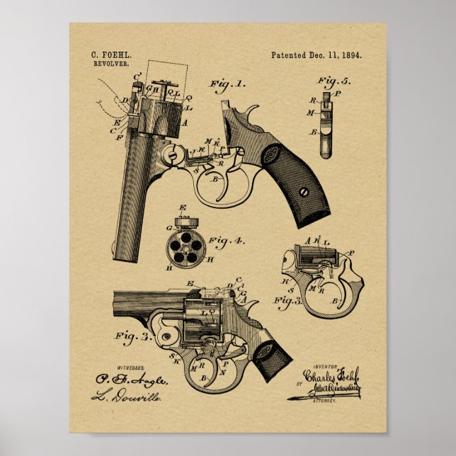 Impresión de dibujo de la patente Foehl Gun 1894 (Frente)