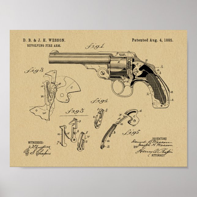 Impresión de dibujo de la patente Wesson Gun 1885 (Frente)