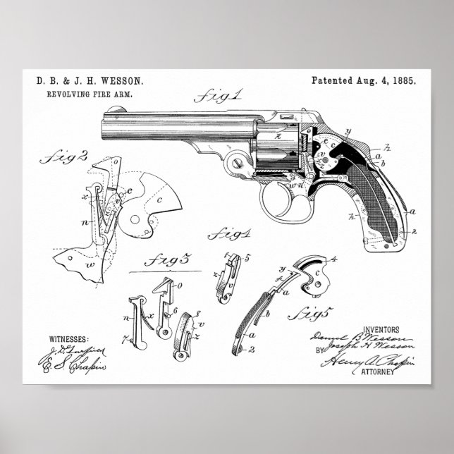 Impresión de dibujo de la patente Wesson Gun 1885 (Frente)
