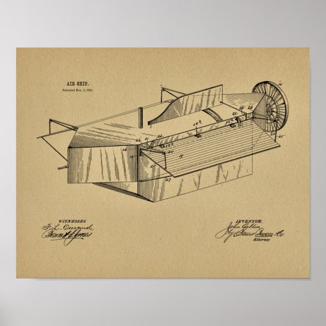 Impresión de dibujo de patente de aeronave de 1891 (Frente)
