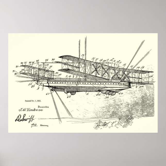 Impresión de dibujo de patente de aeronave de 1921 (Frente)