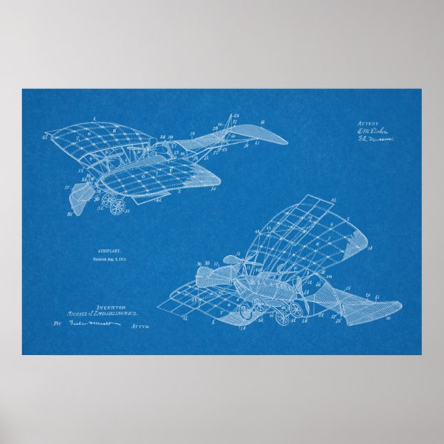 Impresión de dibujo de patente de avión de 1912 (Frente)