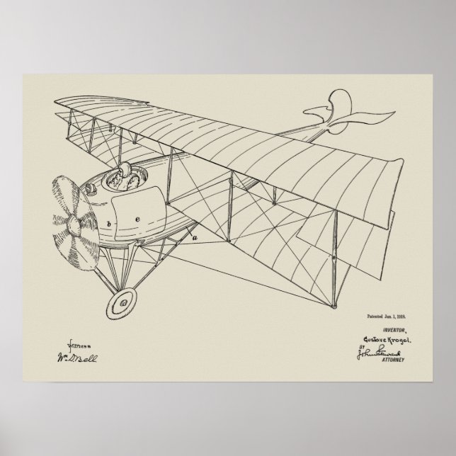 Impresión de dibujo de patente de avión de Biplane (Frente)