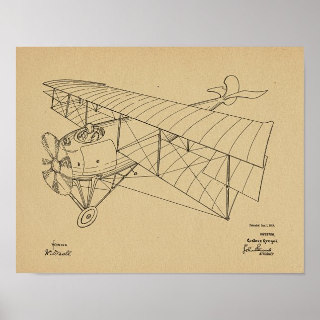 Impresión de dibujo de patente de avión de Biplane (Frente)