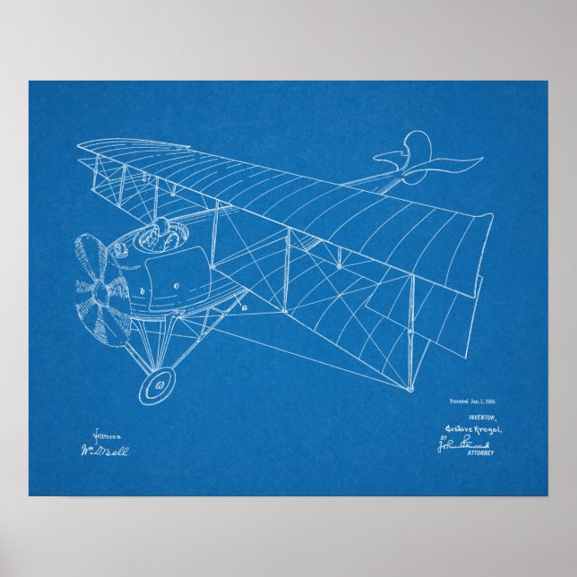 Impresión de dibujo de patente de avión de Biplane (Frente)