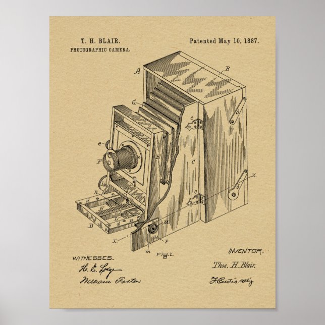 Impresión de dibujo de patente de cámara de 1887 (Frente)