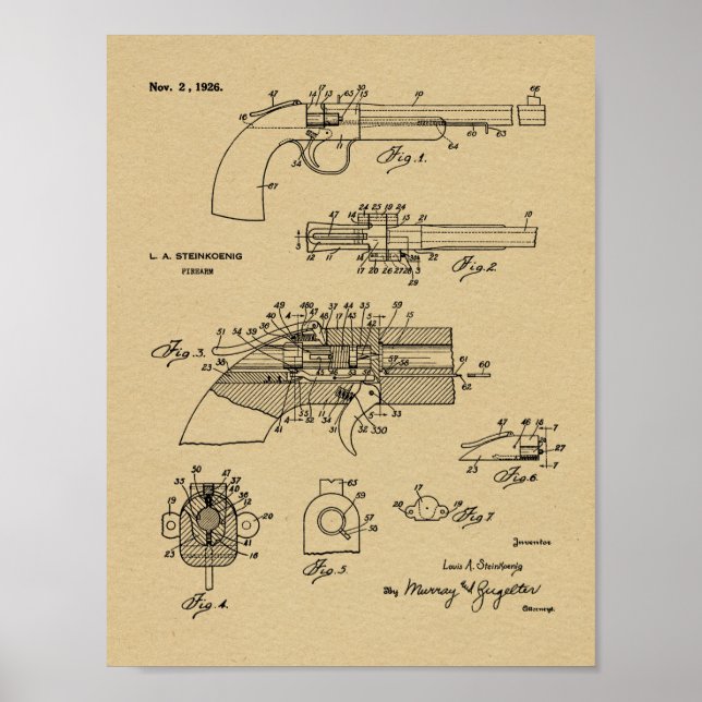 Impresión de dibujo de patente de pistola de 1926 (Frente)