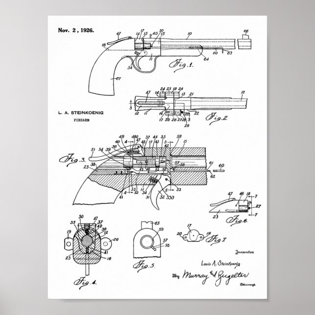 Impresión de dibujo de patente de pistola de 1926 (Frente)