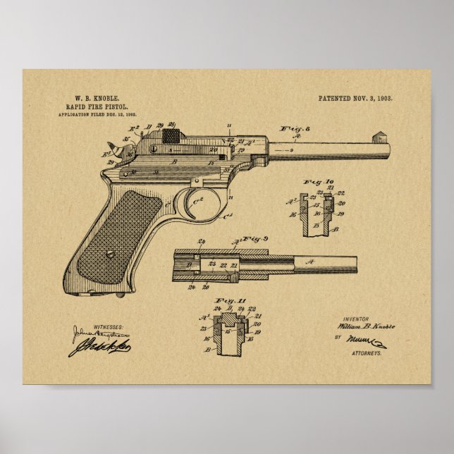 Impresión de dibujo de patente de pistola de fuego (Frente)