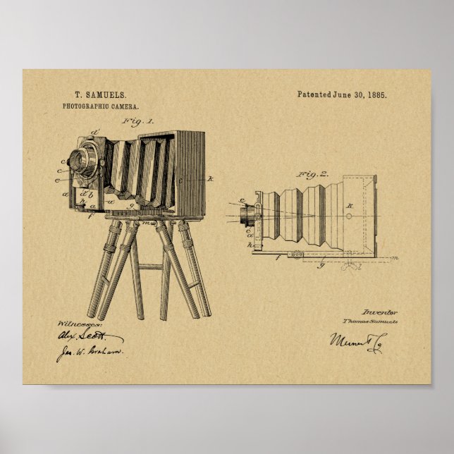 Impresión de dibujo de patentes de cámara de 1885 (Frente)
