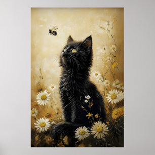 Impresión de gato negro con flores, cartel vintage