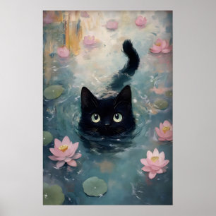 Impresión de gato negro de nenúfar, gato en agua o