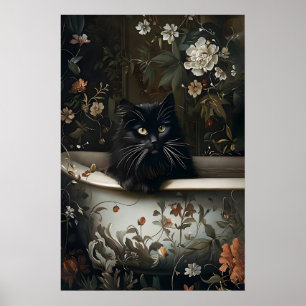 Impresión de gato negro floral para baño, gótico