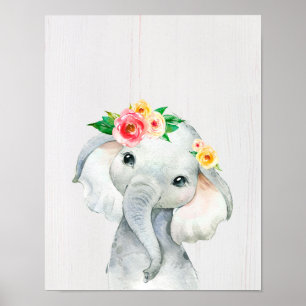 Impresión de guardería de elefante bebé con acuare