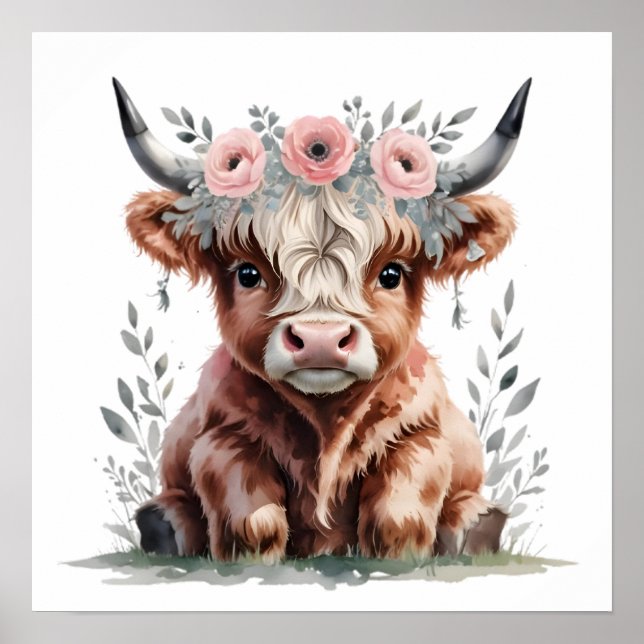 Impresión de guardería de vaca de flores en Highla (Frente)