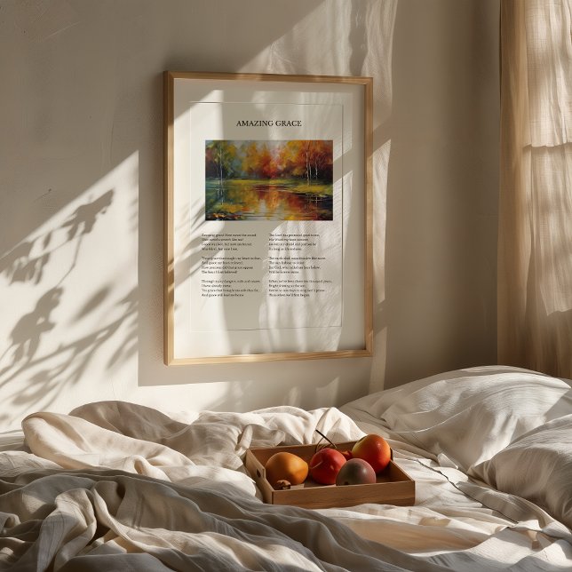 Impresión de Himno de Gracia Increíble (Framed "Amazing Grace" hymn wall art with autumn lake painting, styled in cozy, minimalist room.)