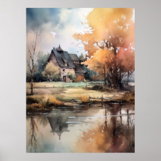 Impresión de Ilustracion acuarela de paisajes otoñ