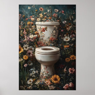 Impresión de inodoro floral, cartel de baño vintag