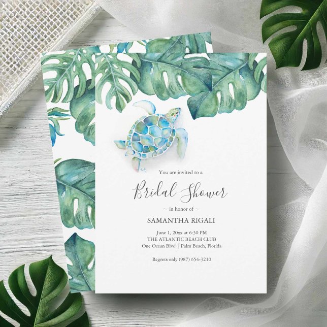 Impresión de invitaciones a ducha de novia tropica (Tropical bridal shower invitations printing with watercolor sea turtle and monstera leaves)