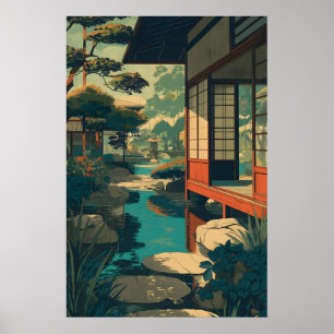 Impresión de jardín Zen japonés estilo Ukiyo-e Tra