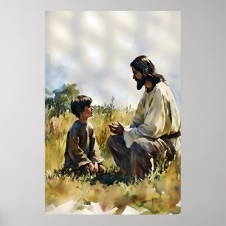 Impresión de Jesús y niño hablando en el campo