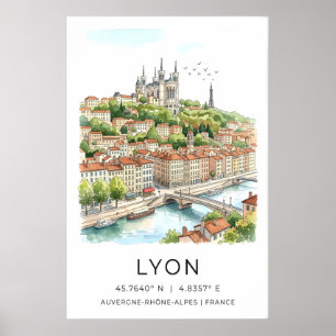 Impresión de la ciudad de Lyon Acuarela Skyline y 