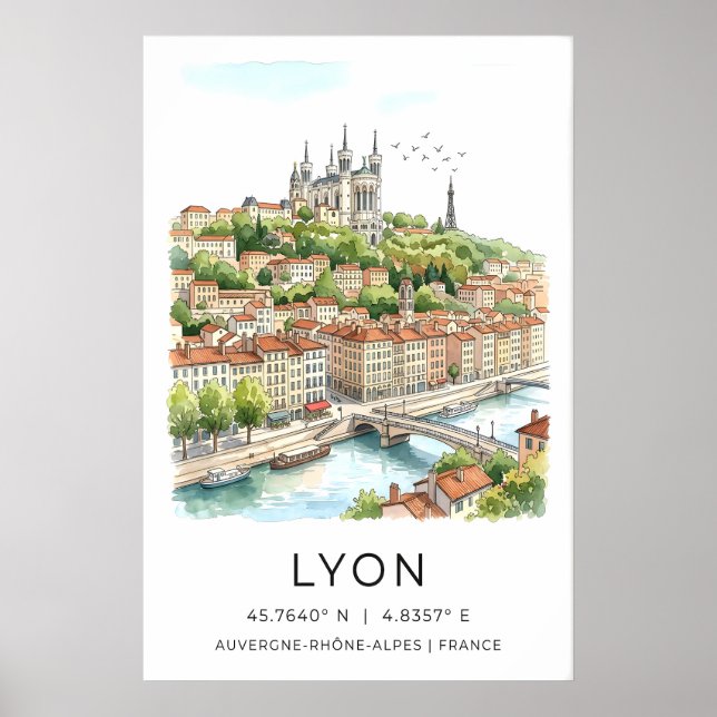 Impresión de la ciudad de Lyon Acuarela Skyline y  (Frente)