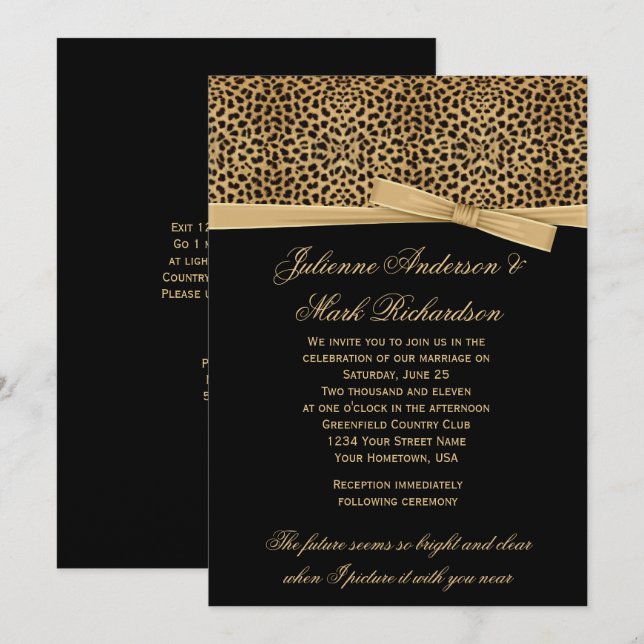 Impresión de leopardo en invitación a la boda negr (Anverso / Reverso)