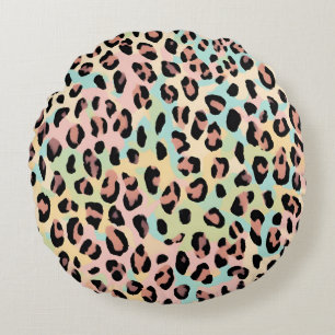 Impresión de leopardo rosa azul de almohada redond