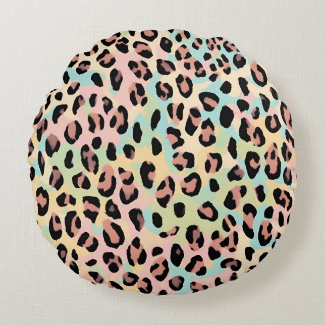 Impresión de leopardo rosa azul de almohada redond (Anverso)