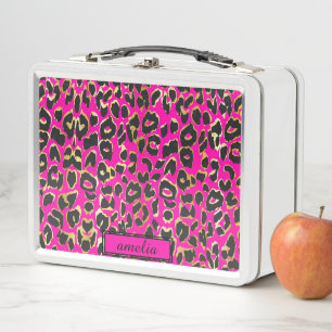 Impresión de leopardo rosa caliente negro dorado l
