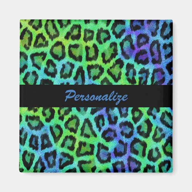 "Impresión de leopardo verde y azul" imán cuadrado (Frente)