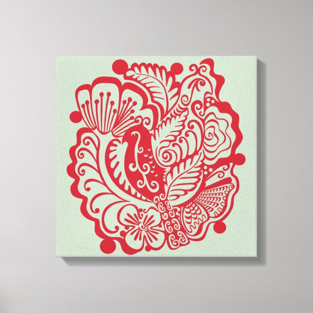 Impresión de lienzo Aves en el Jardín (rojo en sab (Anverso)