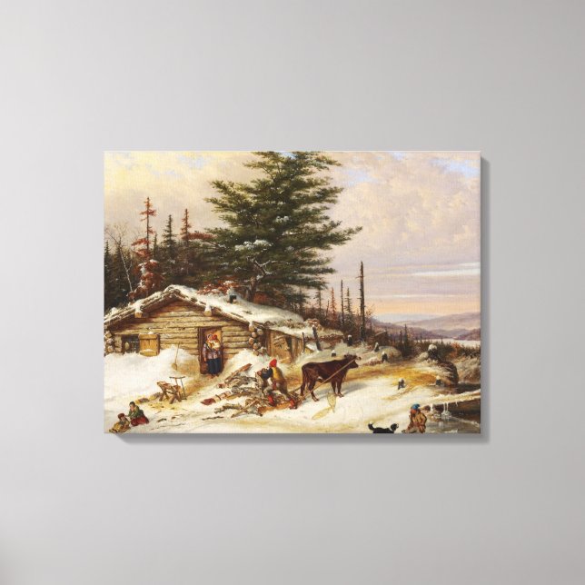 Impresión de lienzo de arte de Winter Log House (Anverso)