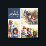 Impresión de lienzo de Collage de fotos monograma<br><div class="desc">Impresión de lienzo de Collage de fotos monograma de familia de personalizados | Azul de la Armada de Papolas. Elke Clarke © de Monogram Gallery. Elegante plantilla de dibujo mural monogramada que puedes personalizar con 3 (3) de tus propias fotos familiares dispuestas en un collage de fotos. Personalice el apellido...</div>