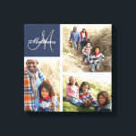 Impresión de lienzo de Collage de fotos monograma<br><div class="desc">Impresión de lienzo de Collage de fotos monograma de familia de personalizados | Azul de la Armada de Papolas. Elke Clarke © de Monogram Gallery. Elegante plantilla de dibujo mural monogramada que puedes personalizar con 3 (3) de tus propias fotos familiares dispuestas en un collage de fotos. Personalice el apellido...</div>