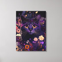 Impresión de lienzo de gato morado floral para afi