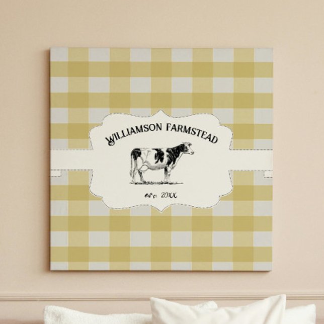 Impresión de lienzo de vaca de granja de búfalo am (Yellow Buffalo Plaid Farm Cow Canvas Print)