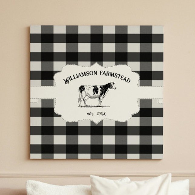 Impresión de lienzo de vaca de granja de búfalo ne (Black Buffalo Plaid Farm Cow Canvas Print)