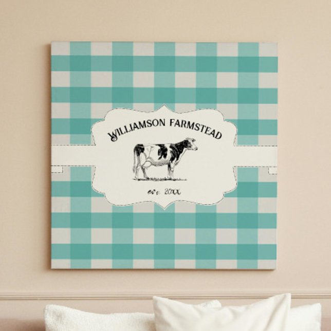 Impresión de lienzo de vaca de granja de búfalo ve (Teal Buffalo Plaid Farm Cow Canvas Print)