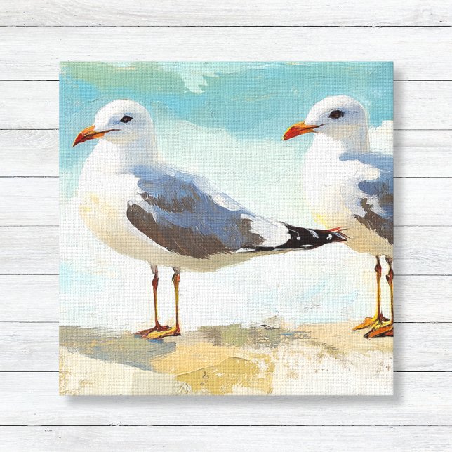 Impresión de lienzo estirado (Seagulls - Coastal Beach House Art - Nature Inspired Wall Canvas)