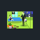 Impresión de lienzo estirado en pareja de Personal<br><div class="desc">Esta impresión de tela estirada retro de Personalizado urbano incluye el dibujo personalizado de un apartamento de un ático con una decoración elegante, con vistas a un horizonte urbano. El apartamento cuenta con un suelo verde y una pared de ladrillo verde. En la pared hay cuatro pinturas de tela estiradas...</div>