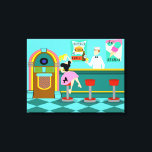 Impresión de lienzo estirado por fuente retro soda<br><div class="desc">Sirva algo especial con esta Impresión de tela estirada por la fuente retro soda. El arte minimalista, el diseño de los dibujos personalizados, presenta el interior del lugar más elegante de la ciudad. Es una fuente de soda de los años 50, ¡en toda su gloria kitsch! En el fondo de...</div>