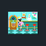 Impresión de lienzo estirado por fuente retro soda<br><div class="desc">Sirva algo especial con esta Impresión de tela estirada por la fuente retro soda. El arte minimalista, el diseño de los dibujos personalizados, presenta el interior del lugar más elegante de la ciudad. Es una fuente de soda de los años 50, ¡en toda su gloria kitsch! En el fondo de...</div>