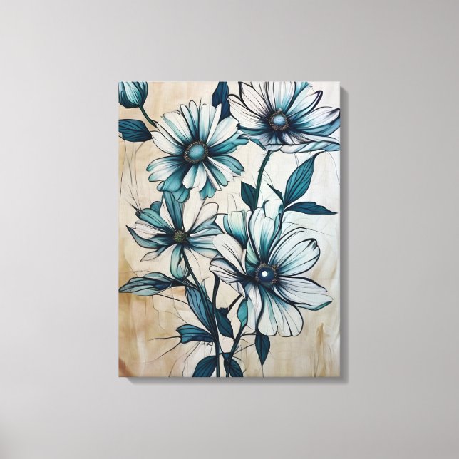 Impresión de lienzo floral blanco y azul sereno (Anverso)