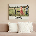 Impresión de lienzo fotográfico de Personalizado f<br><div class="desc">Esta elegante impresión de lienzo presenta un hermoso tipo de letra de guión grabado "familia" sobre el nombre de su familia en un moderno y elegante emparejamiento de fuentes. Tu foto familiar favorita llena el fondo. Hace excelentes regalos para los miembros de la familia durante todo el año.</div>