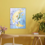 Impresión de lienzos estirados de la libélula azul<br><div class="desc">Bonito,  azul,  acuarela de la libélula estirada - representa una libélula azul con un tallo floral,  una luna y estrellas con un toque de patrón floral en el cielo.</div>
