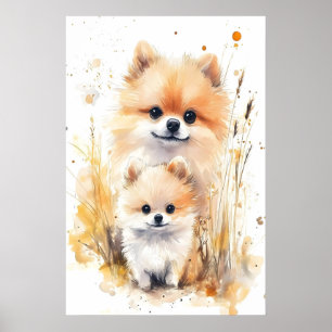 Impresión de mamá y bebé pomerania en acuarela, gu