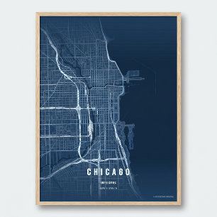 Impresión de mapa azul de Chicago Arte de pared Pó